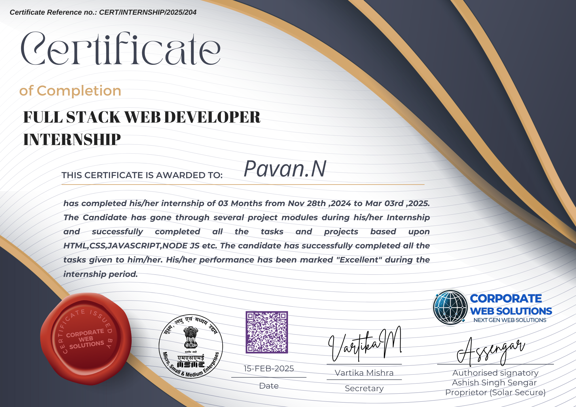 Sample Artificial Intelligence internship completion certificate from Corporate Web Solutions